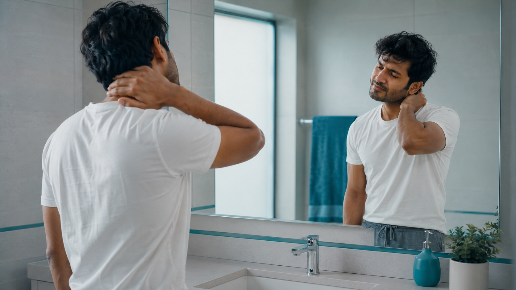 Man pressing hand to the back of his neck at a bathroom mirror first thing in the morning — the daily reality of waking up with cervical pain after sleeping