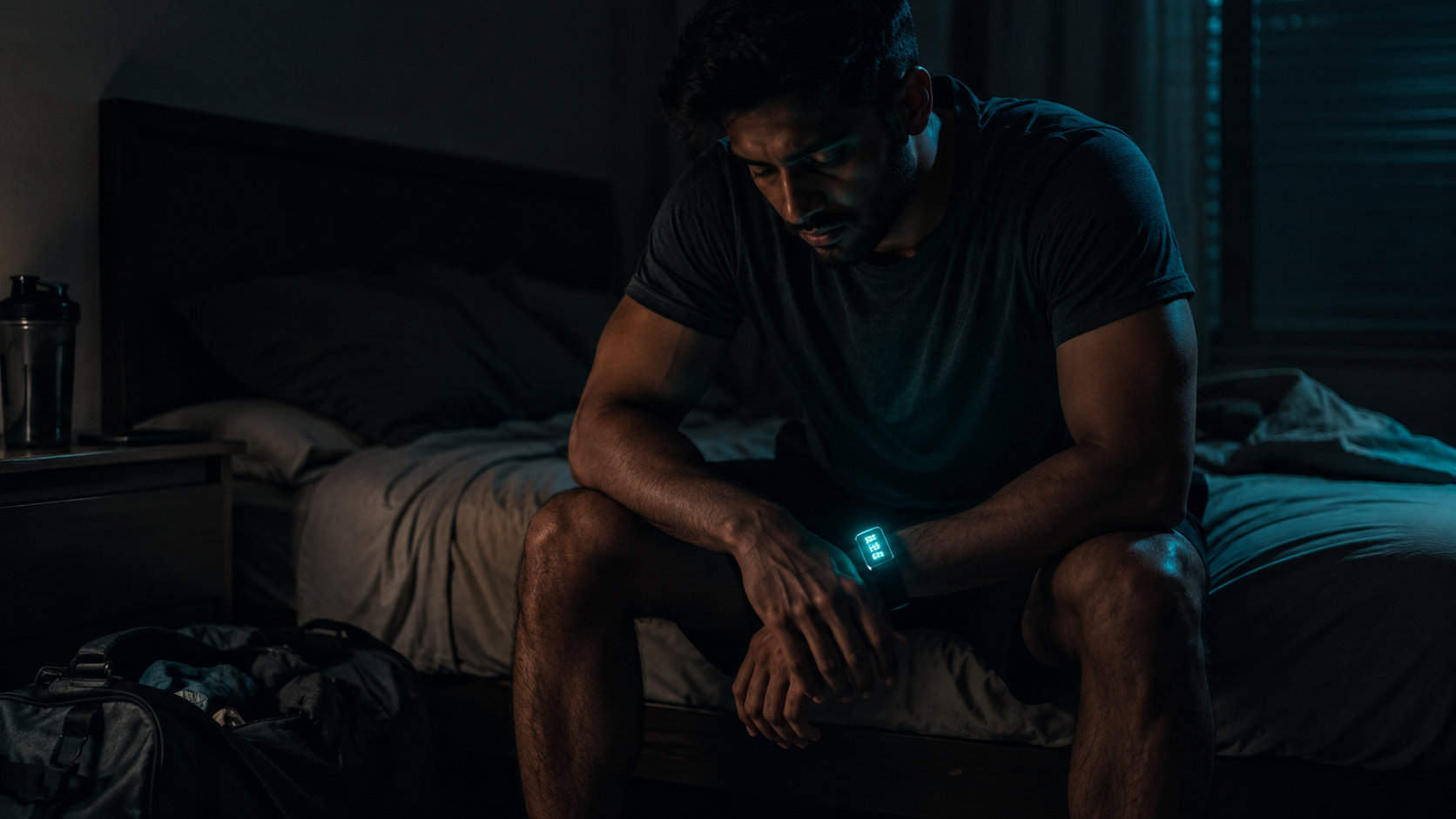 Indian man in his late 20s sitting on the edge of a bed in the early morning, both hands pressed into his thighs, expression of quiet fatigue - the daily reality of muscle pain after workout that won't clear even after a rest day