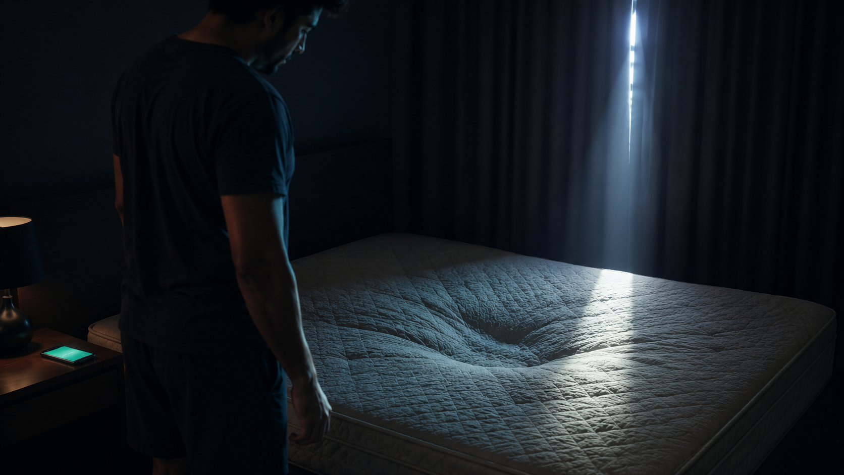 ndian man standing beside his bed in the early morning, looking down at the visible sag in the mattress - the quiet realisation that back pain due to mattress has been the cause all along