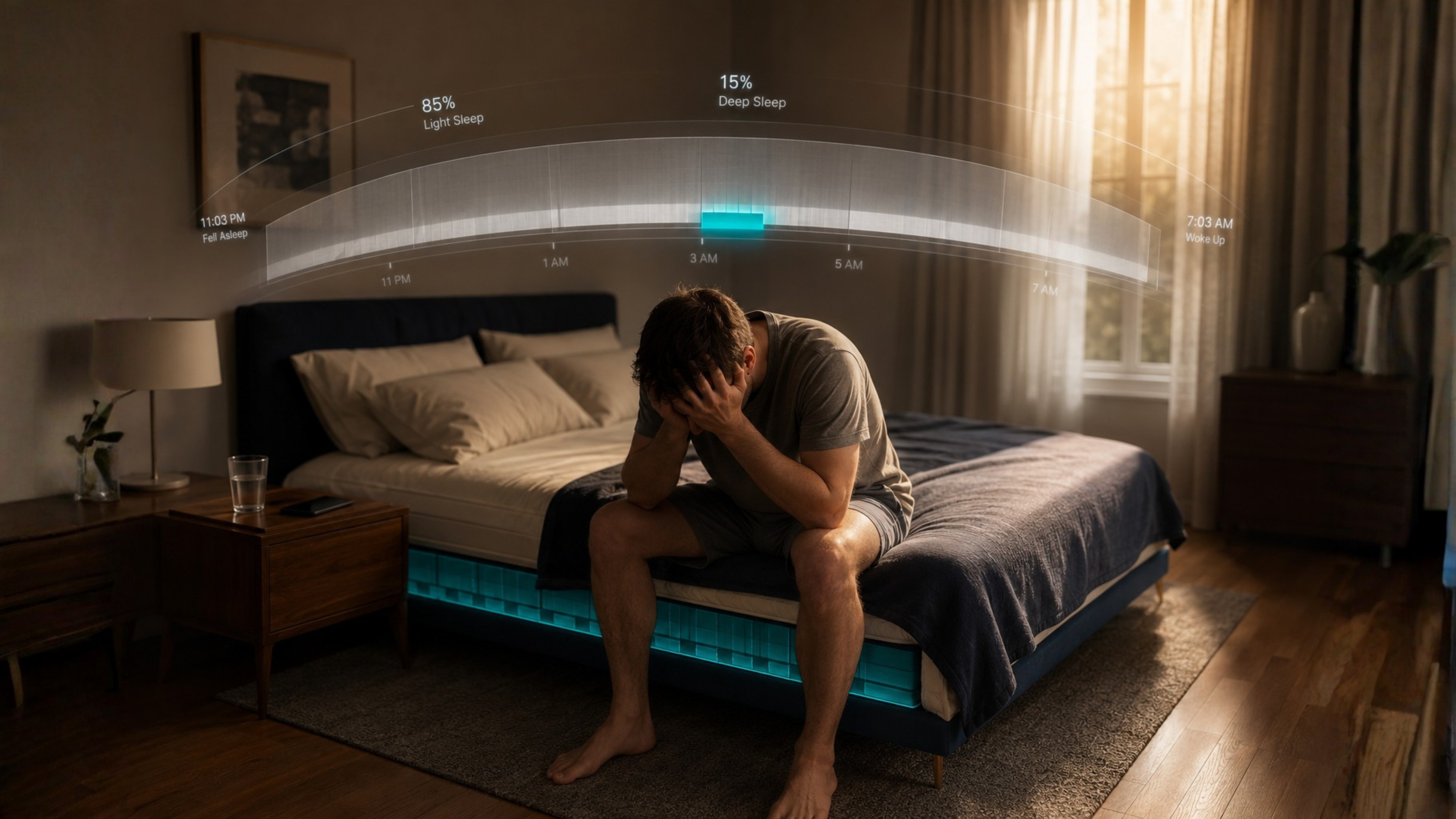 Person sitting exhausted on the edge of a bed after 8 hours of sleep, with a sleep data overlay showing 85% light sleep and only 15% deep sleep - illustrating why sleep quality matters more than hours slept.